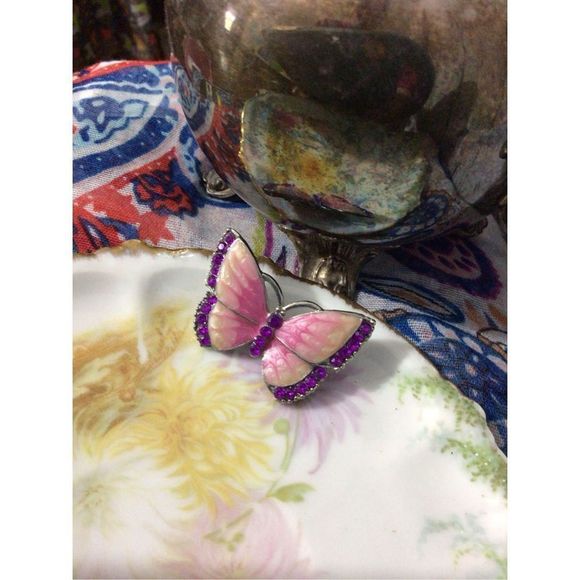 Vintage Enamel Butterfly Brooch Pin With Rhinestones Pink & Purple - Picture 10 of 12